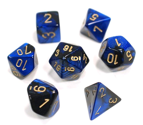 Polyhedral 7-Die Gemini Chessex Dice Set - Black-Blue with Gold Numbers