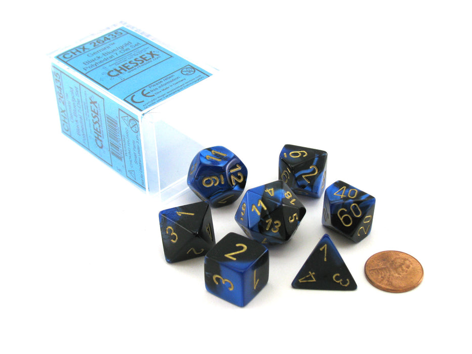 Polyhedral 7-Die Gemini Chessex Dice Set - Black-Blue with Gold Numbers