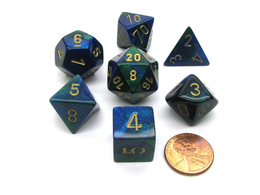 Polyhedral 7-Die Gemini Chessex Dice Set - Blue-Green with Gold Numbers
