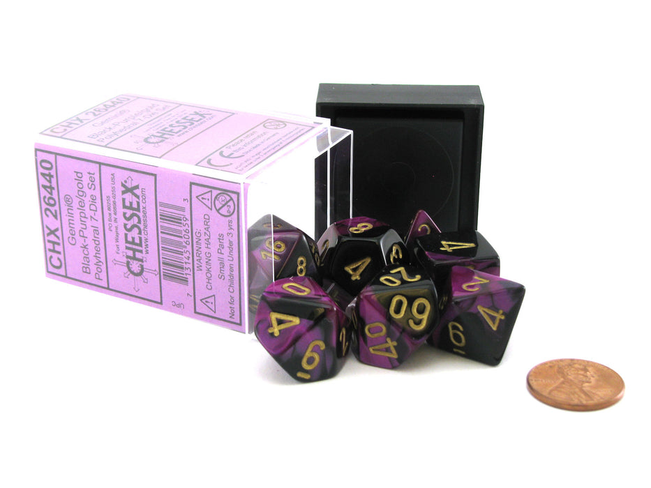 Polyhedral 7-Die Gemini Chessex Dice Set - Black-Purple with Gold Numbers