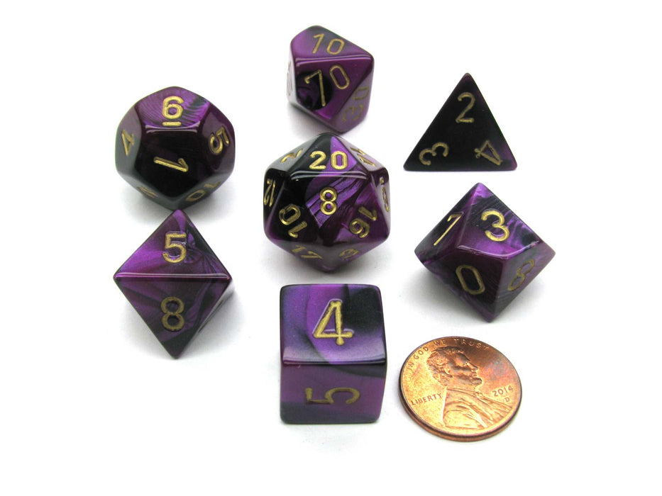Polyhedral 7-Die Gemini Chessex Dice Set - Black-Purple with Gold Numbers