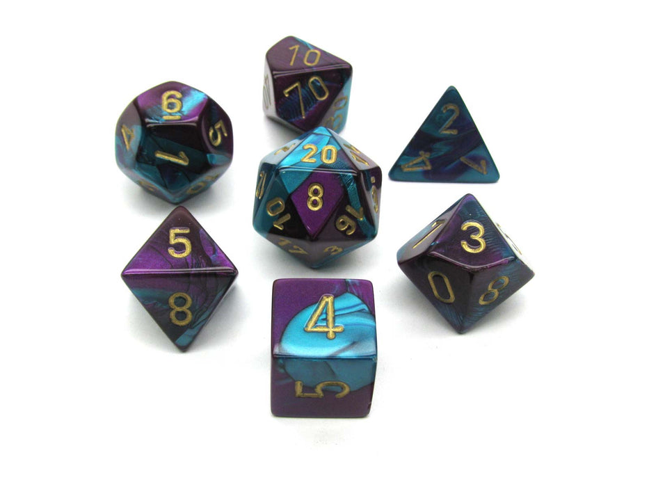Polyhedral 7-Die Gemini Chessex Dice Set - Purple-Teal with Gold Numbers