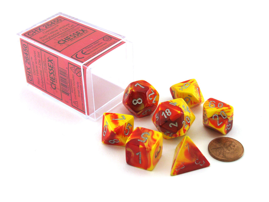 Polyhedral 7-Die Gemini Chessex Dice Set - Red-Yellow with Silver Numbers