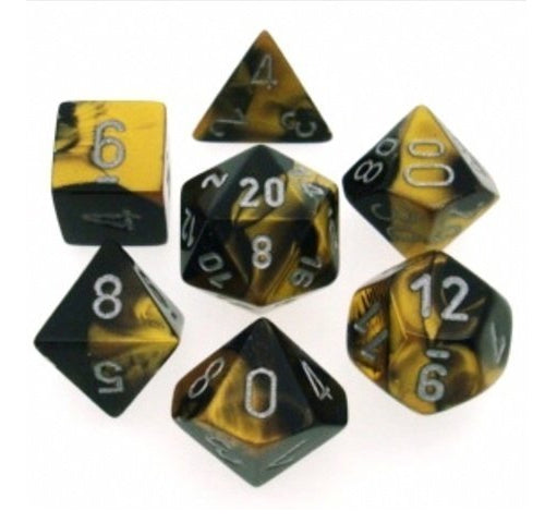 Polyhedral 7-Die Gemini Chessex Dice Set - Black-Gold with Silver Numbers