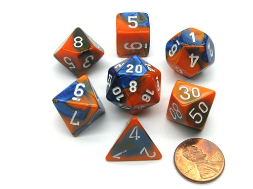 Polyhedral 7-Die Gemini Chessex Dice Set - Blue-Orange with White Numbers