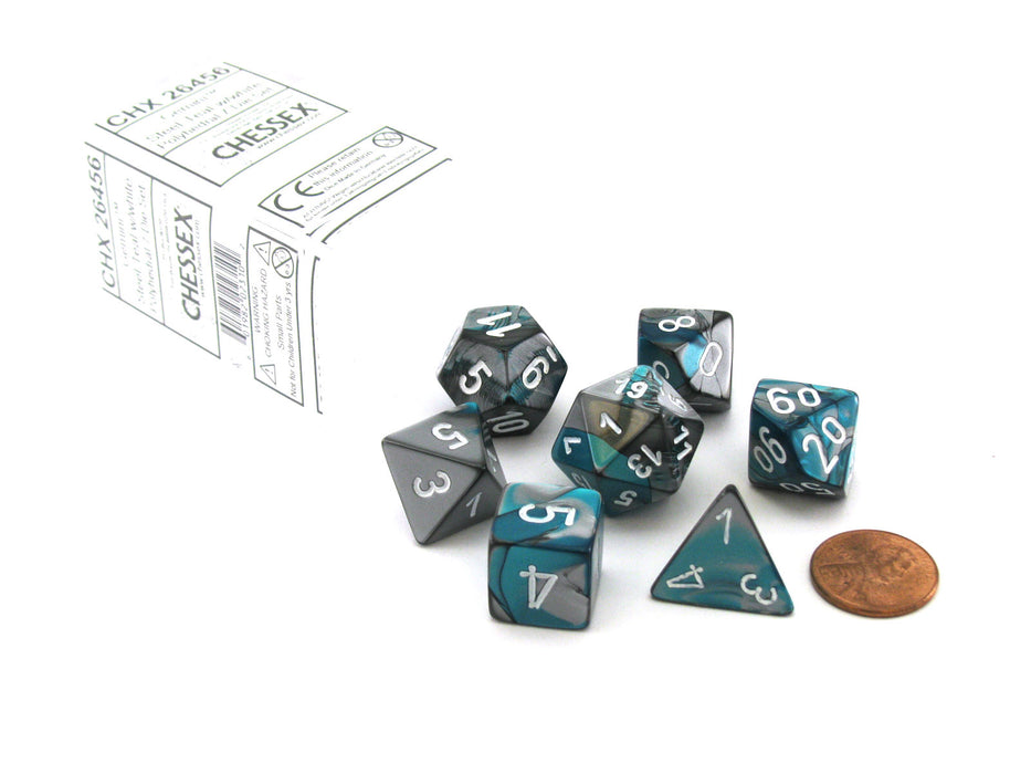 Polyhedral 7-Die Gemini Chessex Dice Set - Steel-Teal with White Numbers