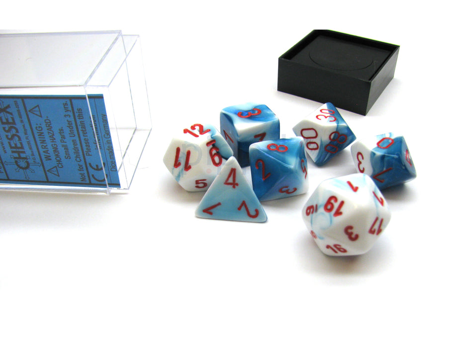 Polyhedral 7-Die Gemini Chessex Dice Set - Astral Blue-White with Red Numbers