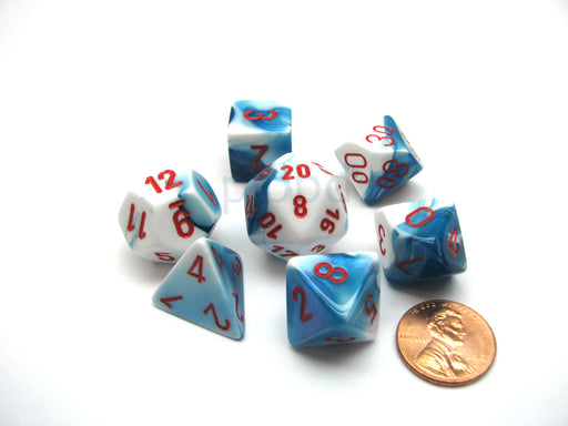 Polyhedral 7-Die Gemini Chessex Dice Set - Astral Blue-White with Red Numbers
