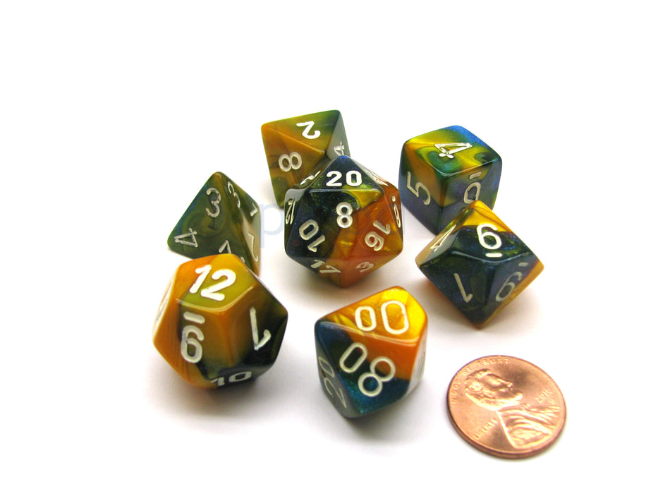 Polyhedral 7-Die Gemini Chessex Dice Set - Masquerade-Yellow with White Numbers