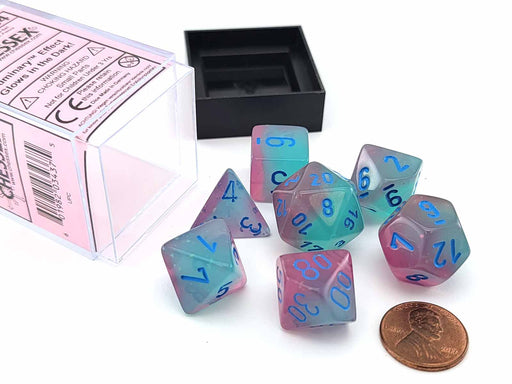 Polyhedral 7-Die Set, Luminary Gemini - Gel Green-Pink with Blue Numbers