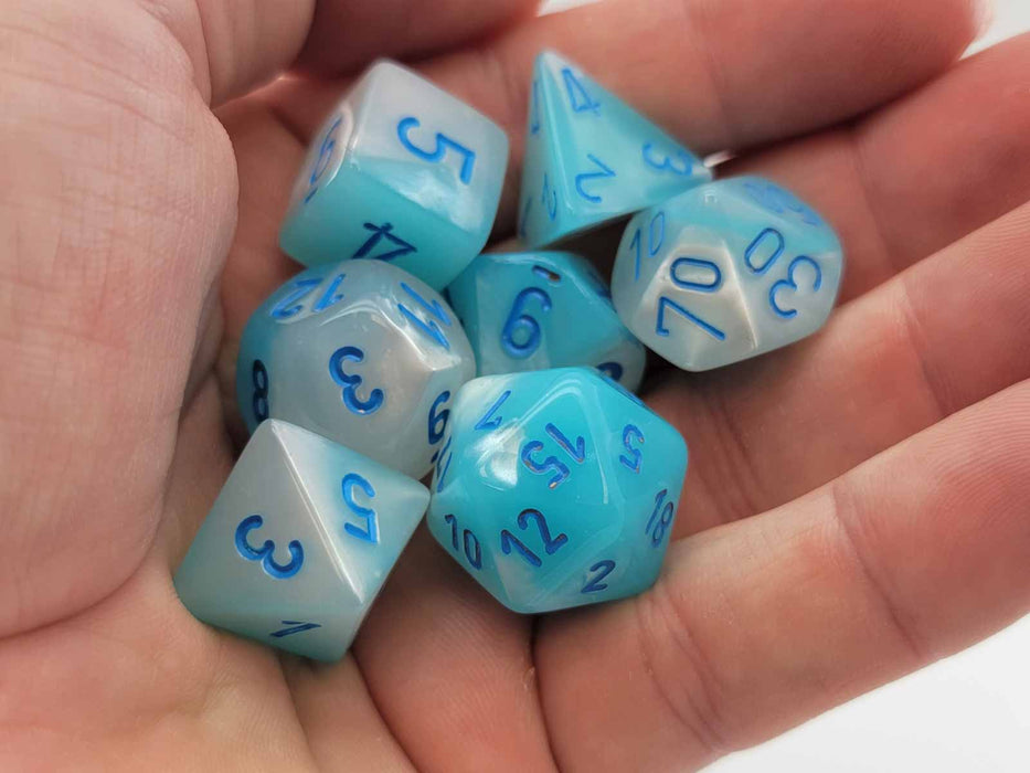 Polyhedral 7-Die Set, Luminary Gemini - Pearl Turquoise-White with Blue