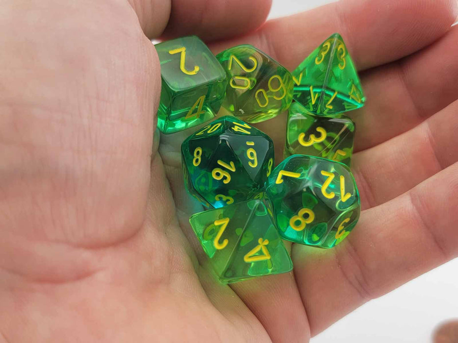 Polyhedral 7-Die Set, Gemini - Translucent Green-Teal with Yellow Numbers