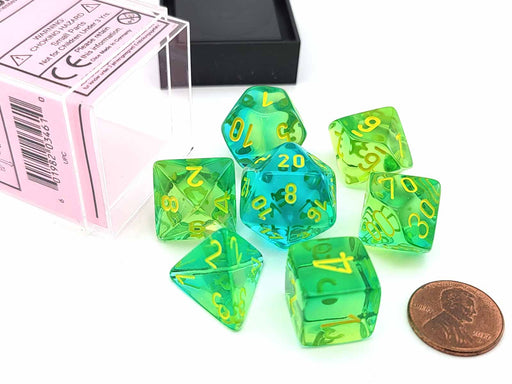 Polyhedral 7-Die Set, Gemini - Translucent Green-Teal with Yellow Numbers
