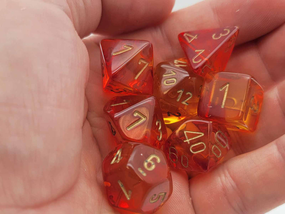 Polyhedral 7-Die Set, Gemini - Translucent Red-Yellow with Gold Numbers
