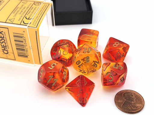 Polyhedral 7-Die Set, Gemini - Translucent Red-Yellow with Gold Numbers
