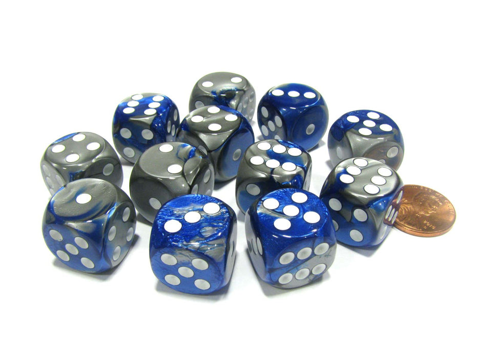 Gemini 16mm D6 Chessex Dice Block (12 Dice) - Blue-Steel with White Pips