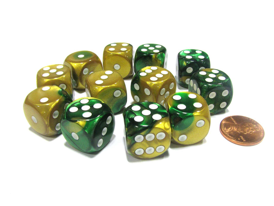 Gemini 16mm D6 Chessex Dice Block (12 Dice) - Gold-Green with White Pips