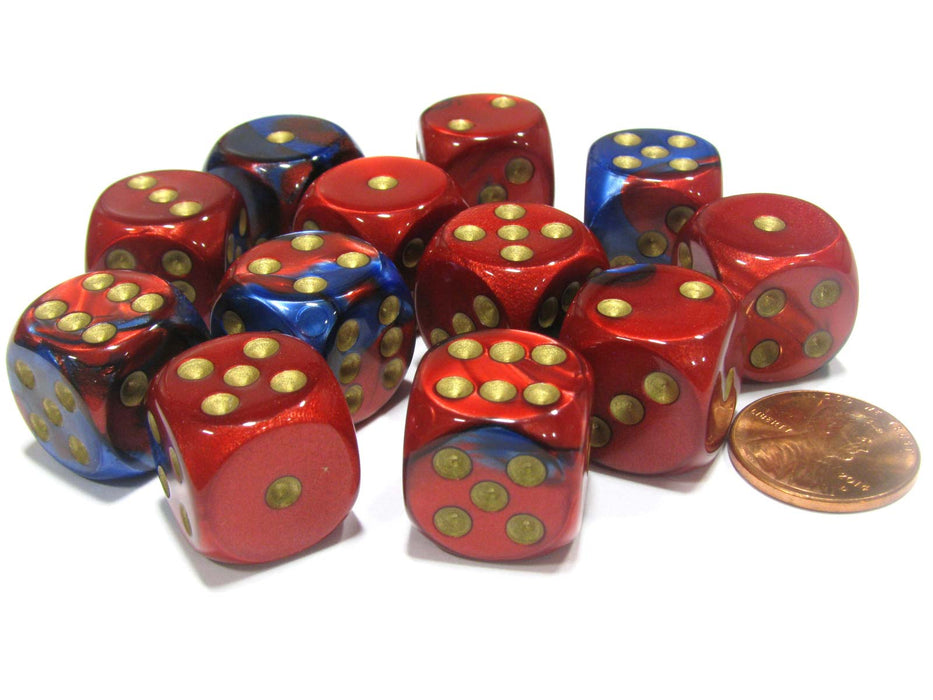 Gemini 16mm D6 Chessex Dice Block (12 Dice) - Blue-Red with Gold Pips