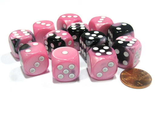Gemini 16mm D6 Chessex Dice Block (12 Dice) - Black-Pink with White Pips