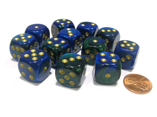 Gemini 16mm D6 Chessex Dice Block (12 Dice) - Blue-Green with Gold Pips