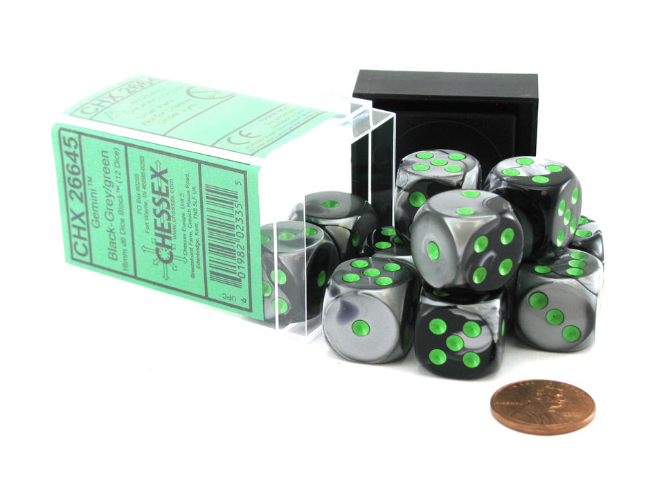 Gemini 16mm D6 Chessex Dice Block (12 Dice) - Black-Grey with Green Pips