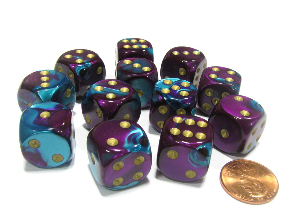 Gemini 16mm D6 Chessex Dice Block (12 Dice) - Purple-Teal with Gold Pips