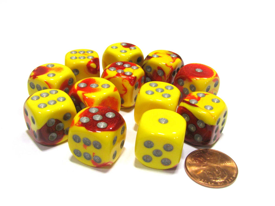 Gemini 16mm D6 Chessex Dice Block (12 Dice) - Red-Yellow with Silver Pips
