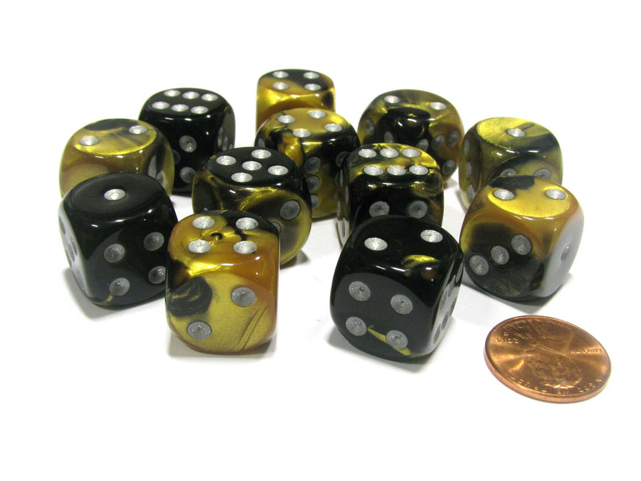 Gemini 16mm D6 Chessex Dice Block (12 Dice) - Black-Gold with Silver Pips