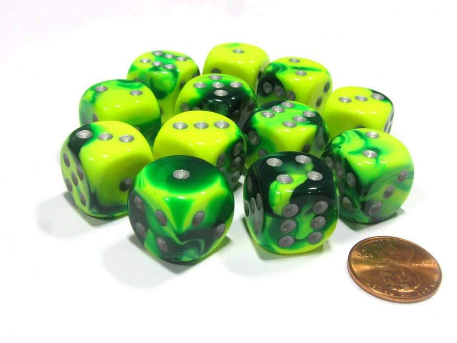 Gemini 16mm D6 Chessex Dice Block (12 Dice) - Green-Yellow with Silver Pips