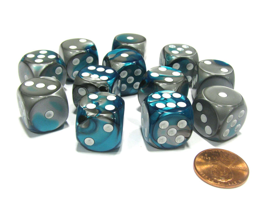Gemini 16mm D6 Chessex Dice Block (12 Dice) - Steel-Teal with White Pips