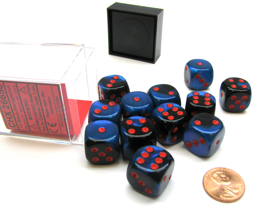 Gemini 16mm D6 Chessex Dice Block (12 Die) - Black-Starlight with Red Pips