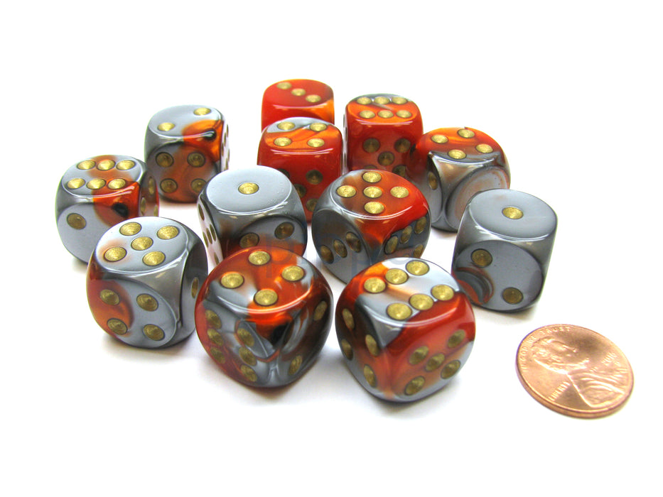 Gemini 16mm D6 Chessex Dice Block (12 Die) - Orange-Steel with Gold Pips