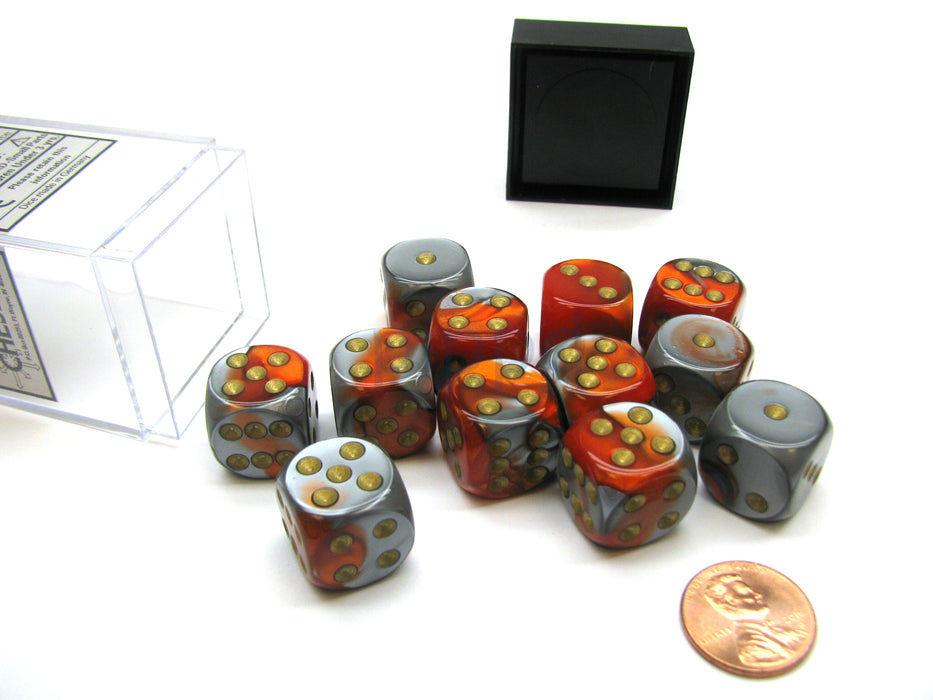 Gemini 16mm D6 Chessex Dice Block (12 Die) - Orange-Steel with Gold Pips
