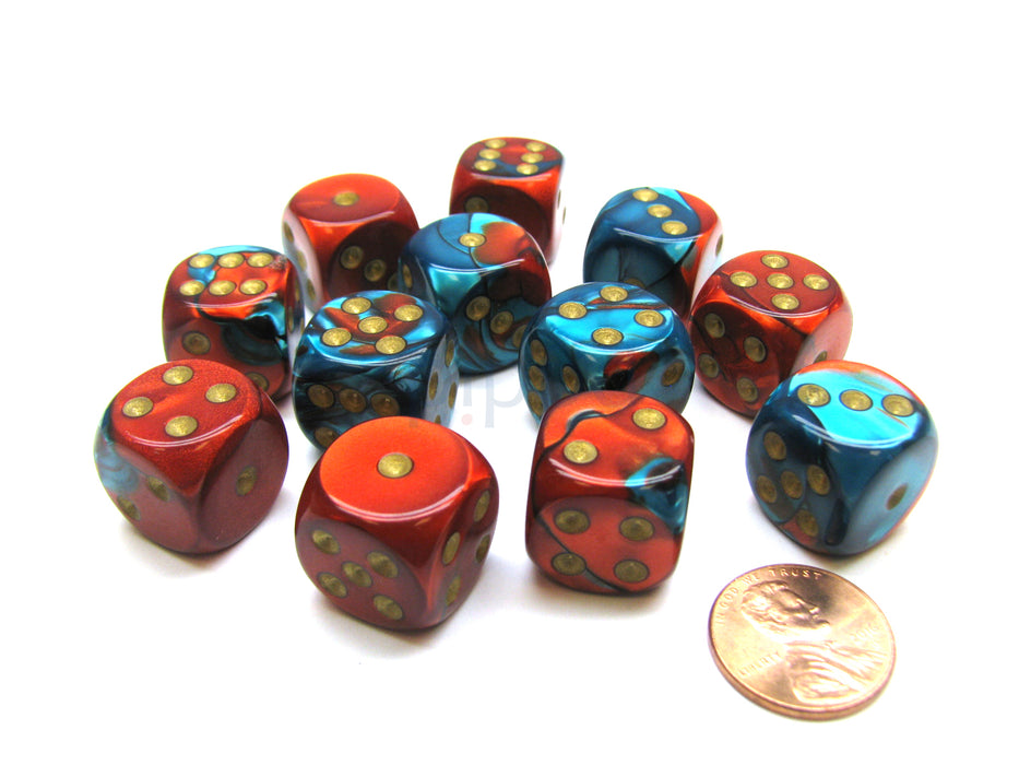 Gemini 16mm D6 Chessex Dice Block (12 Die) - Red-Teal with Gold Pips