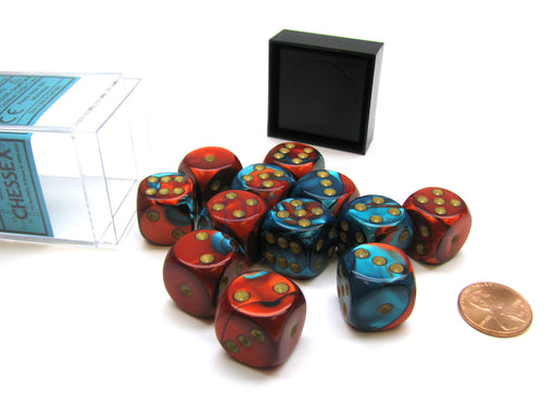Gemini 16mm D6 Chessex Dice Block (12 Die) - Red-Teal with Gold Pips
