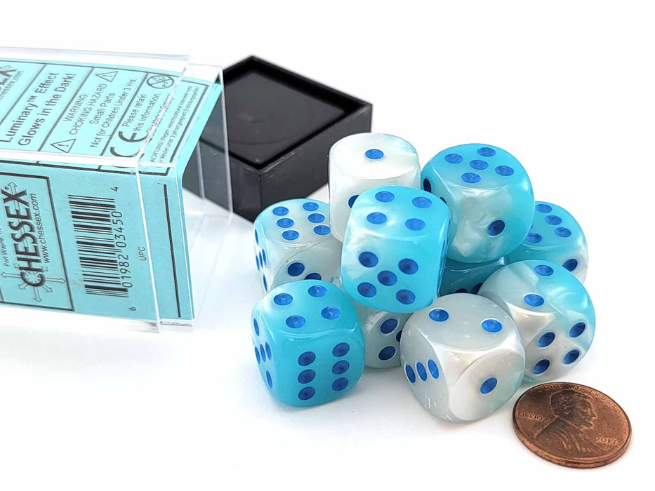 Luminary Gemini 16mm D6 Dice Block (12 Dice) - Pearl Turquoise-White with Blue