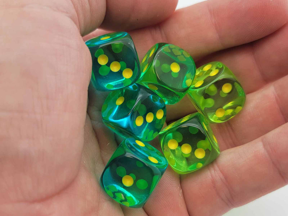 Gemini 16mm D6 Dice Block (12 Dice) - Translucent Green-Teal with Yellow Numbers