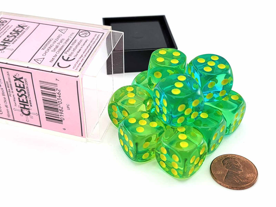 Gemini 16mm D6 Dice Block (12 Dice) - Translucent Green-Teal with Yellow Numbers
