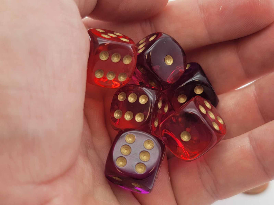 Gemini 16mm D6 Dice Block (12 Dice) - Translucent Red-Violet with Gold Numbers
