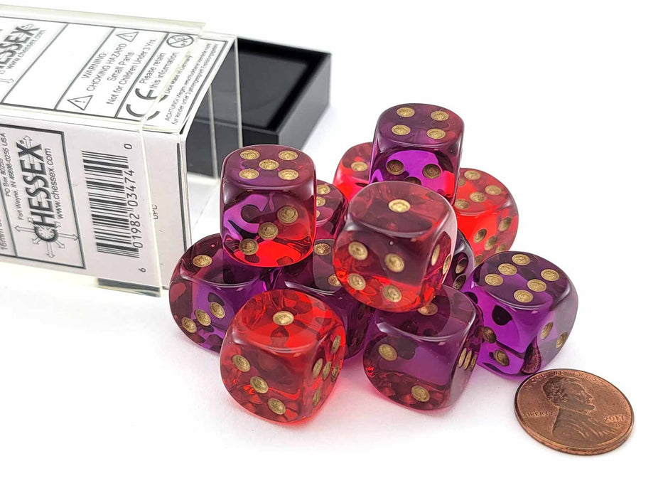 Gemini 16mm D6 Dice Block (12 Dice) - Translucent Red-Violet with Gold Numbers