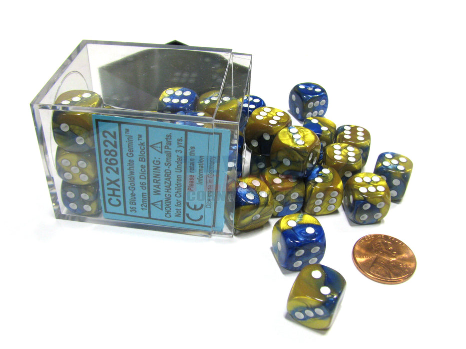 Gemini 12mm D6 Chessex Dice Block (36 Dice) - Blue-Gold with White Pips