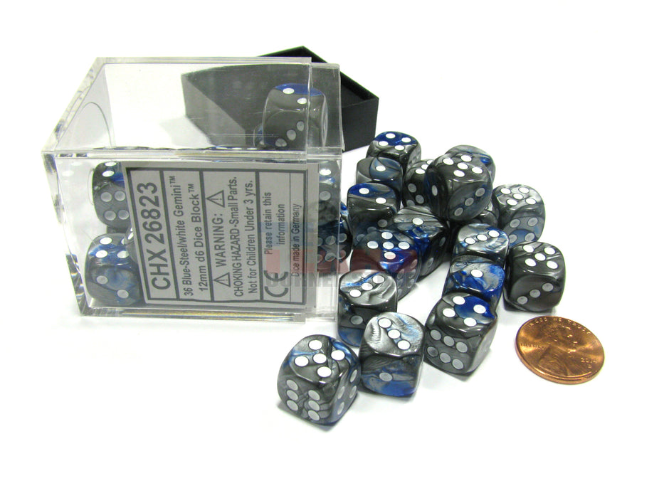Gemini 12mm D6 Chessex Dice Block (36 Dice) - Blue-Steel with White Pips