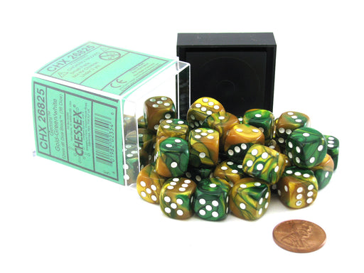 Gemini 12mm D6 Chessex Dice Block (36 Dice) - Gold-Green with White Pips
