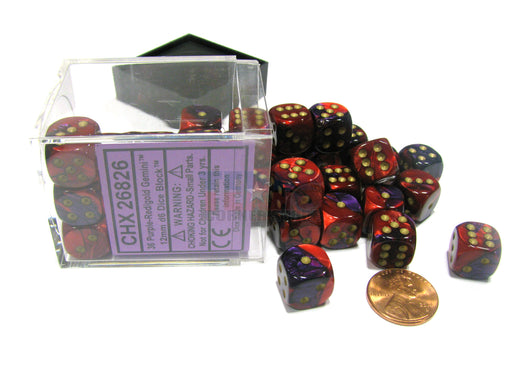 Gemini 12mm D6 Chessex Dice Block (36 Dice) - Purple-Red with Gold Pips