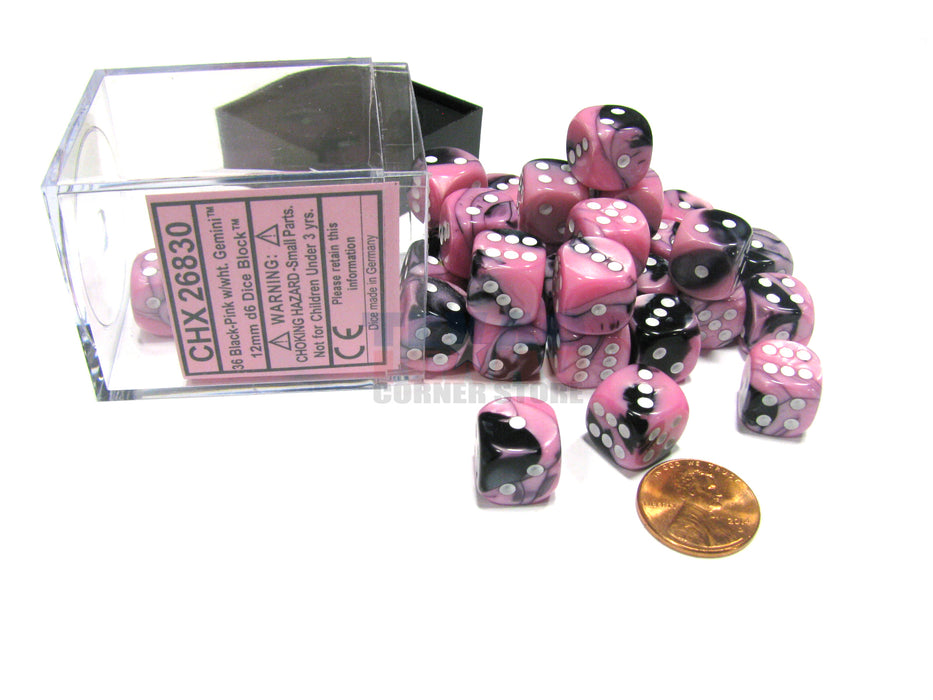 Gemini 12mm D6 Chessex Dice Block (36 Dice) - Black-Pink with White Pips