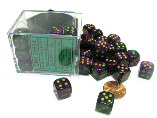 Gemini 12mm D6 Chessex Dice Block (36 Dice) - Green-Purple with Gold Pips