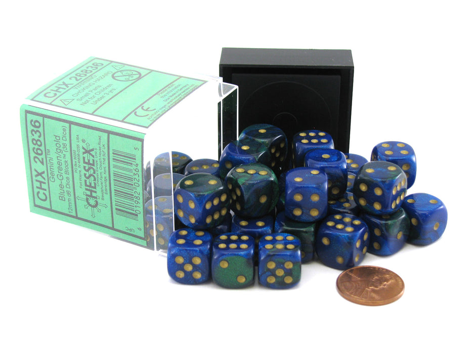 Gemini 12mm D6 Chessex Dice Block (36 Dice) - Blue-Green with Gold Pips