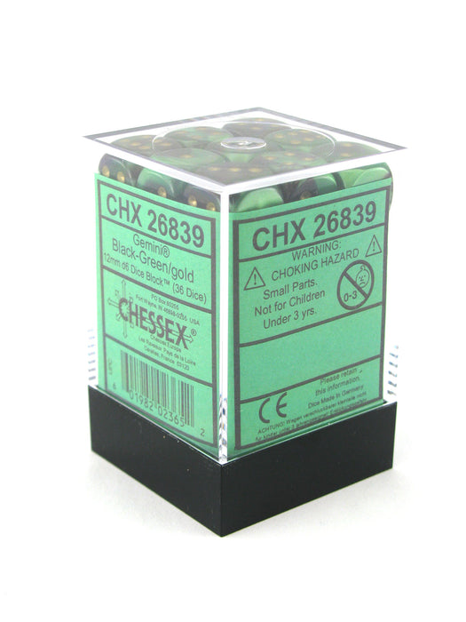 Gemini 12mm D6 Chessex Dice Block (36 Dice) - Black-Green with Gold Pips