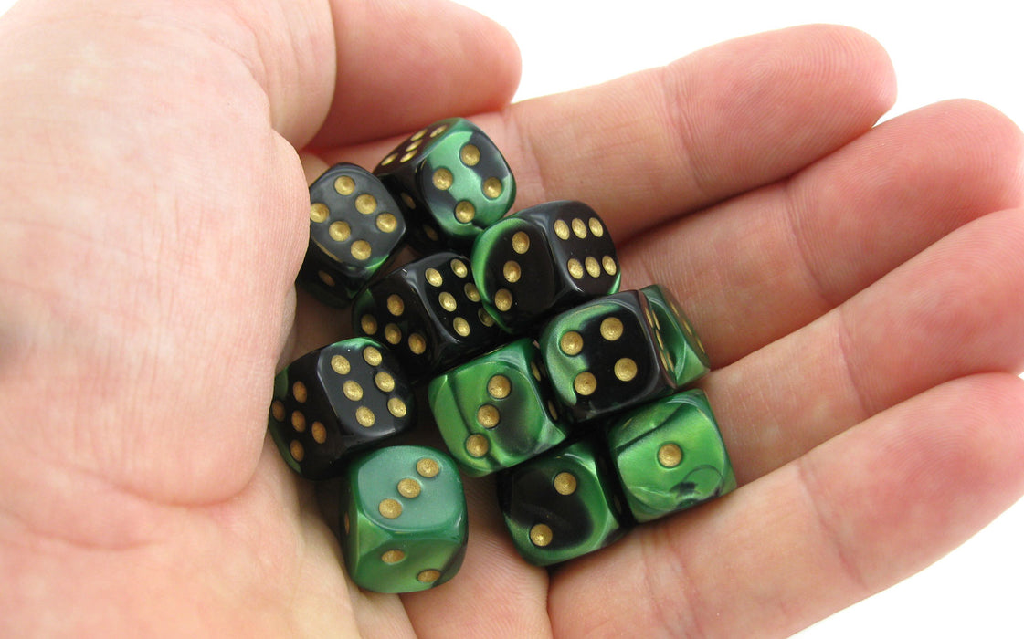 Gemini 12mm D6 Chessex Dice Block (36 Dice) - Black-Green with Gold Pips
