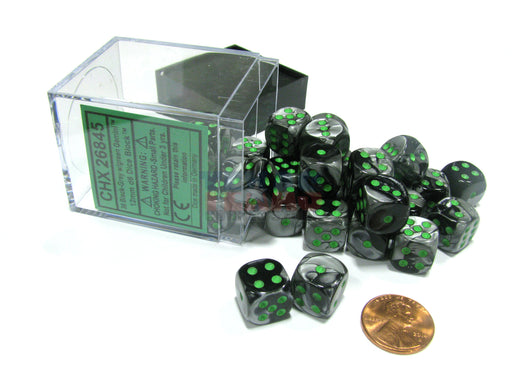 Gemini 12mm D6 Chessex Dice Block (36 Dice) - Black-Grey with Green
